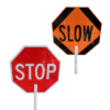 Both sides of the stop and slow paddle for work zone safety.