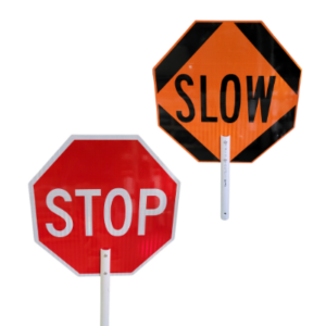 Both sides of the stop and slow paddle for work zone safety.