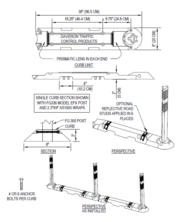 A graphic breaking down the curb delineator system from Pexco.