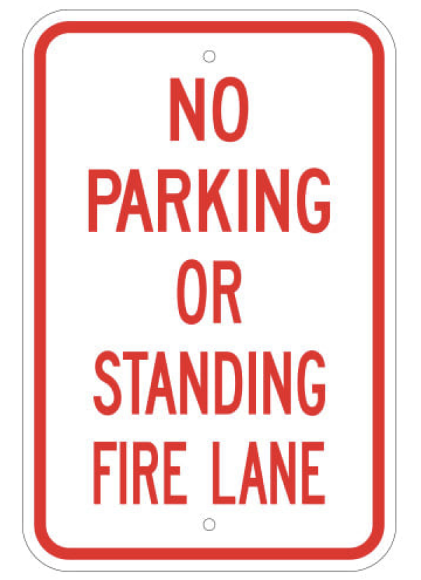 No parking in fire lane red and white sign