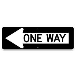 Product image of a one way black and white sign pointing left