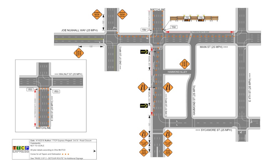 A blue print of a traffic control plan outlining all the roads and sigs needed for the project.